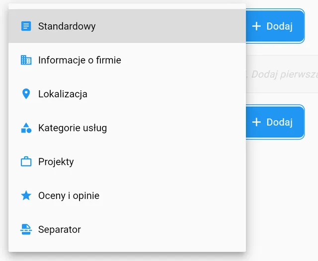App screen: adding sections to the company page