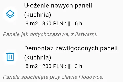 The app (Polish interface): repair items with the area, the amount and the working time