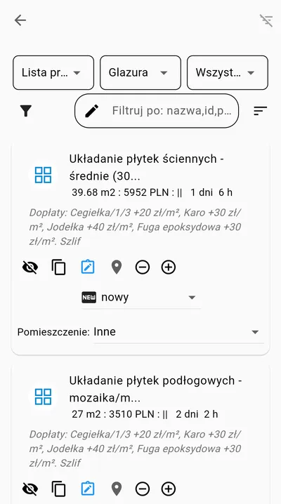 App on a phone: tiling jobs with surcharges