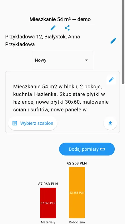 App on a phone: project with description and amounts