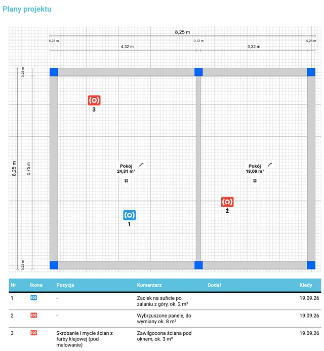 A PDF estimate (Polish interface): the plan with numbered markers and a table of comments