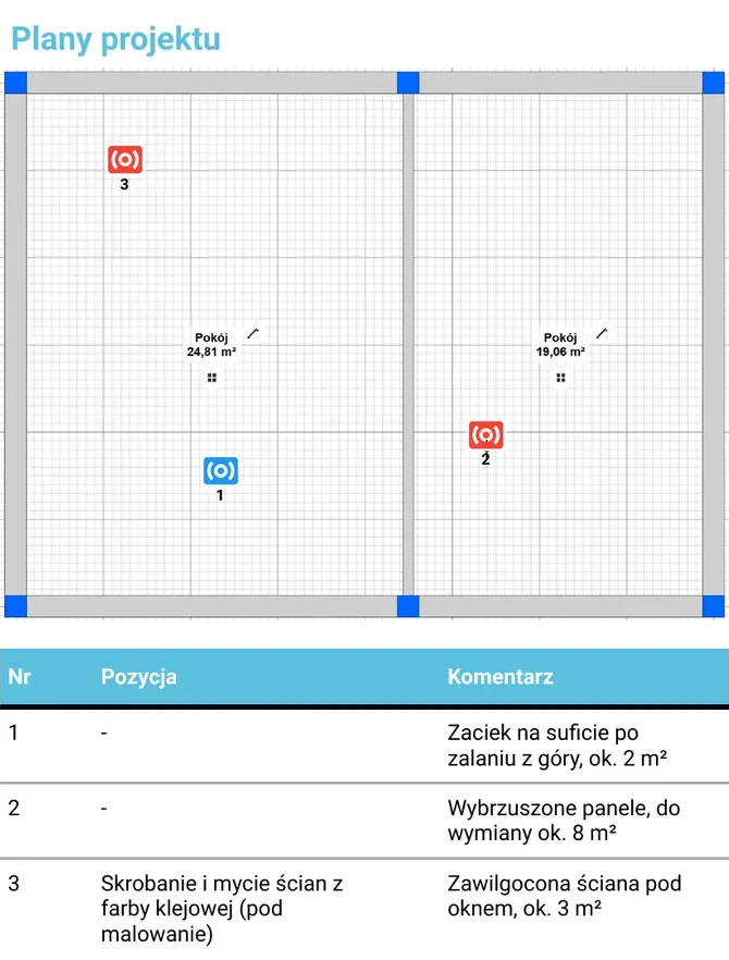 A PDF estimate (Polish interface): the plan with numbered markers and a table of comments