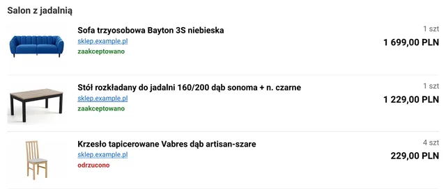 The PDF “Lista produktów” (product list, Polish interface): furniture with a photo, a link to the shop, the price and the client’s decision