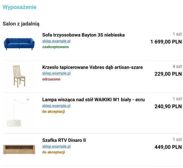 The PDF “Lista produktów” (product list, Polish interface): furniture with a photo, a link to the shop, the price and the client’s decision