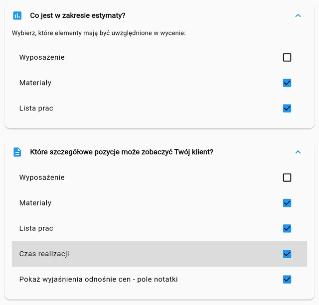 App screen: estimate settings—scope and details visible to the client