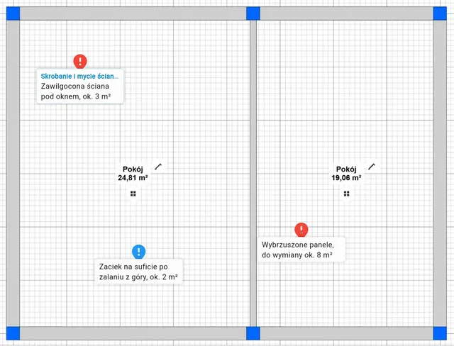 The app (Polish interface): a floor plan of two rooms with damage markers