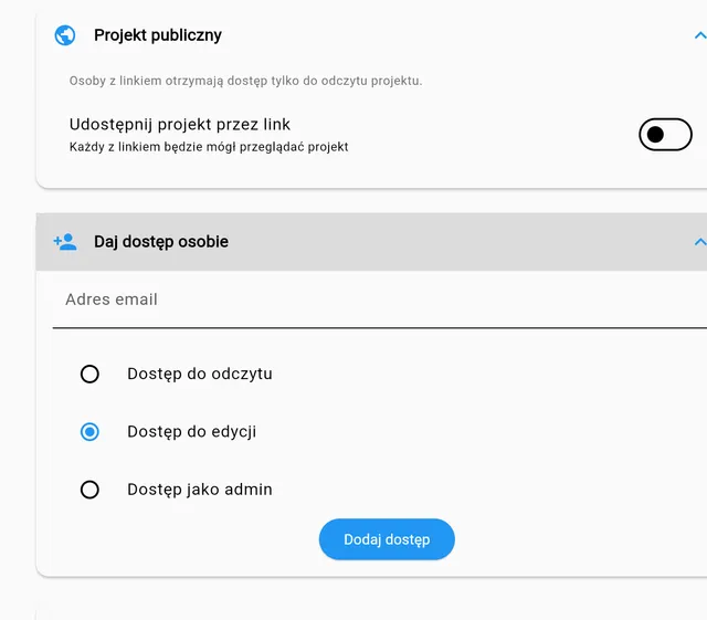 App screen: sharing a project by link and with a chosen person