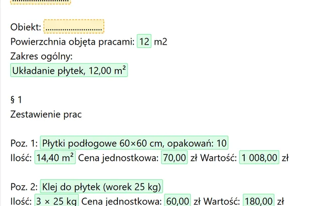 Estimate in the document generator filled in from the tiles calculator