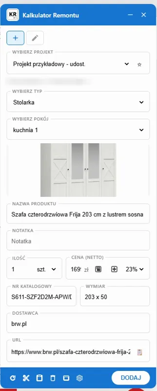 Chrome extension: panel with a product ready to add to a project