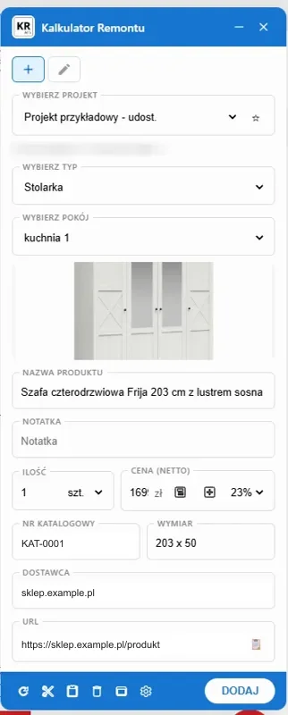 The Chrome extension (Polish interface): a product from a shop being added to a room in the project