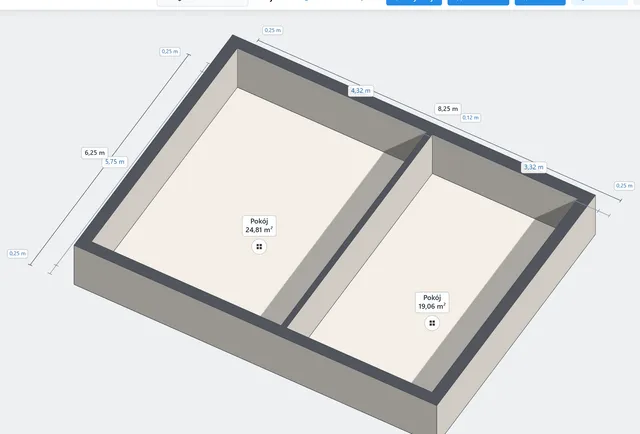 Room planner: floor plan of two rooms in 3D view with dimensions