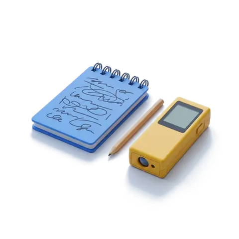 A notepad with notes and a laser distance meter—illustration