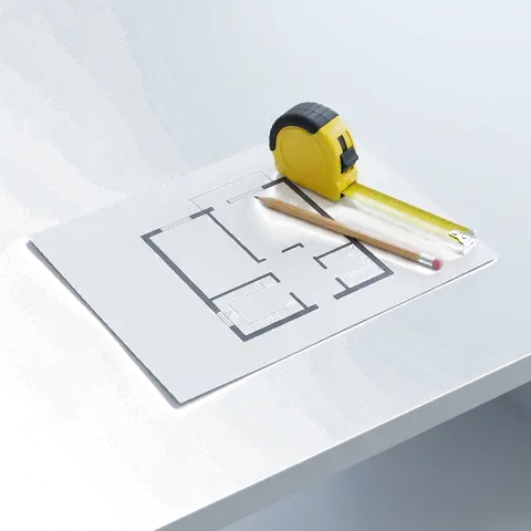 A printed floor plan of an apartment with a tape measure—illustration