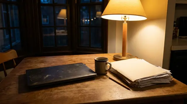 An evening at a contractor’s kitchen table, with a laptop and documents—illustration