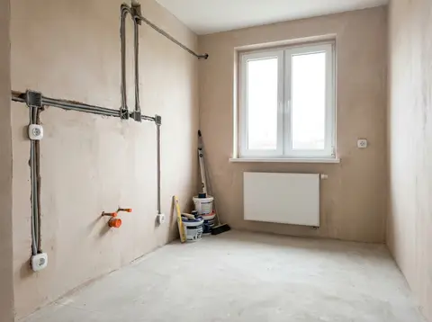 A kitchen during renovation with new installations in the wall—illustration