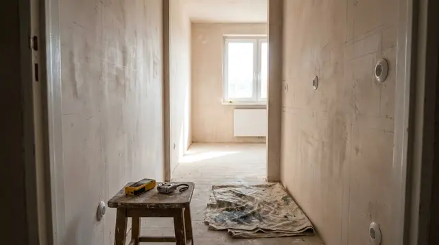 A hallway before renovation with a laser distance meter and a tape measure—illustration