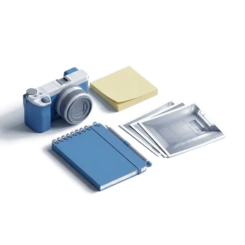 A camera, a notebook and sticky notes—illustration