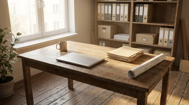 A desk in a renovation company’s office—illustration