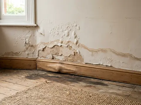 A wall with peeling paint and a damp floor—illustration