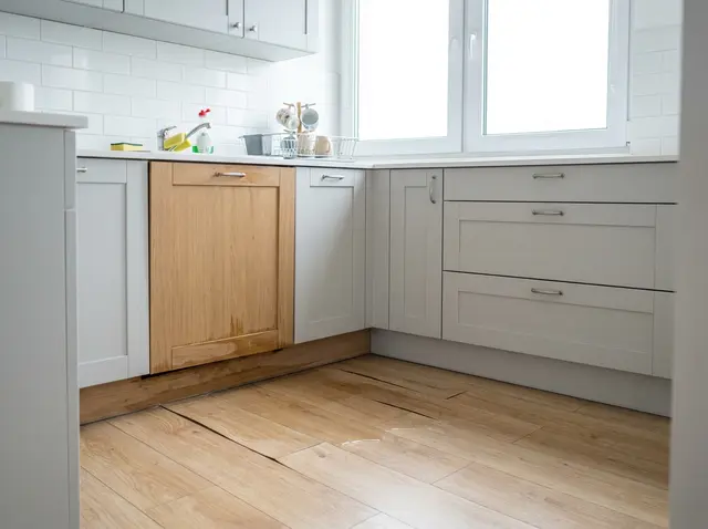 A kitchen flooded from under the sink—illustration