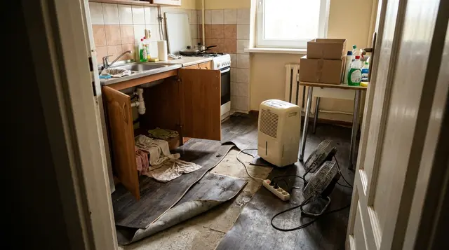 A kitchen after a pipe failure, with a dehumidifier and fans—illustration