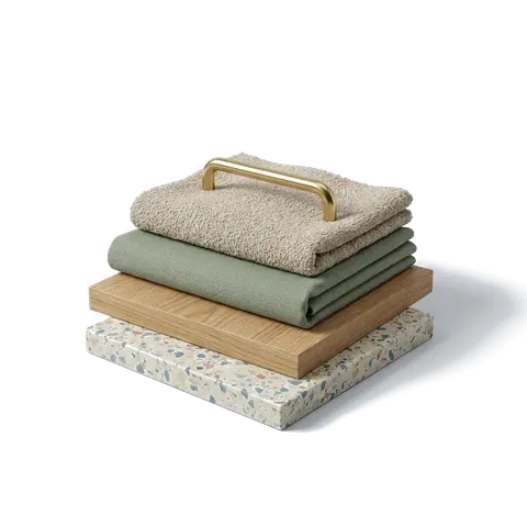 Samples of tile, veneer, fabrics and a handle—illustration