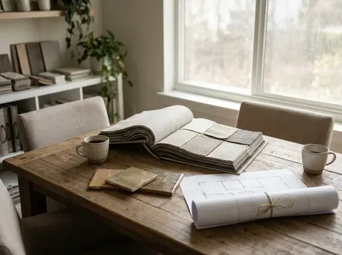 A table set for a meeting with a client, with fabric samples—illustration