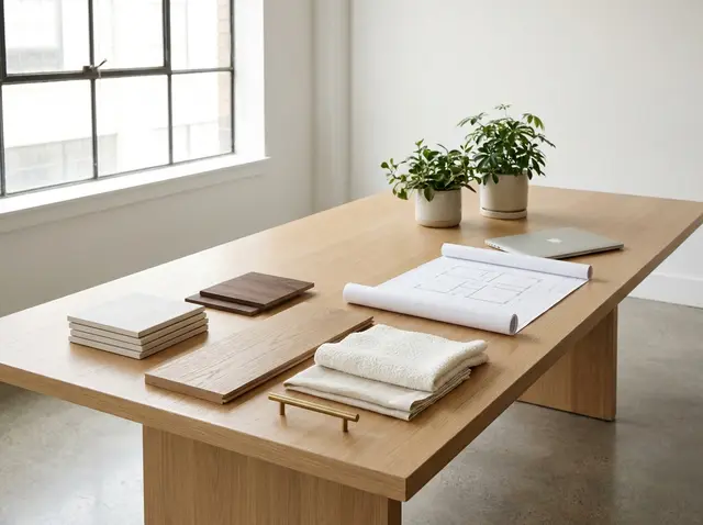 A table in a design studio with material samples and a floor plan—illustration