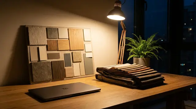 A designer’s desk in the evening, with samples and a lamp—illustration