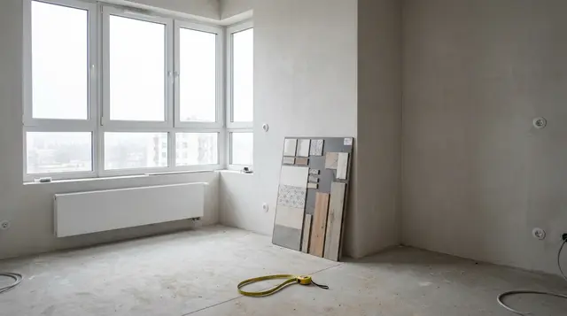 A bare apartment straight from the developer, with material samples by the wall—illustration